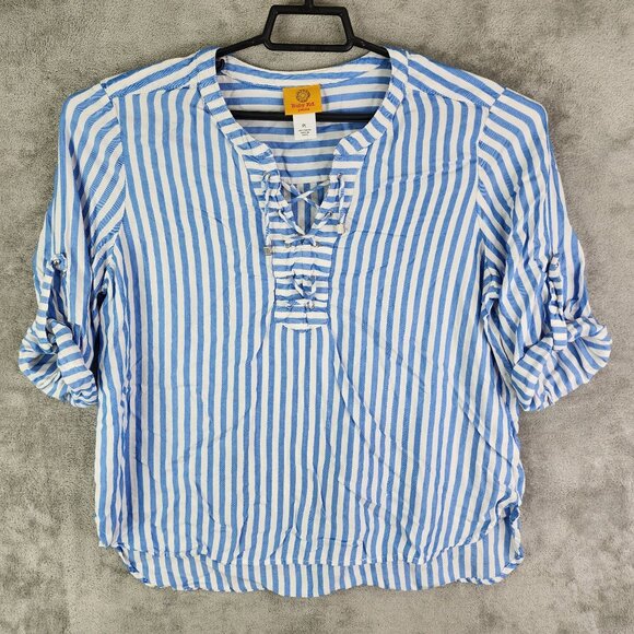 Womens Petite Ruby Rd. Blue & White Striped Blouse Top Rolled Tab Sleeve Size PL - Picture 2 of 9